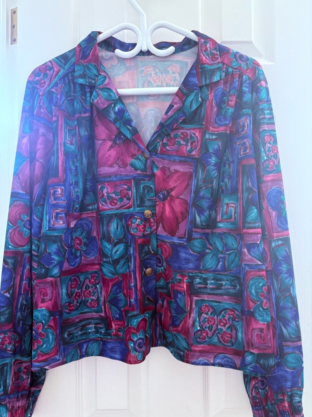 Vintage Women's Floral Geometric Button-Front Jacket - Purple Teal
